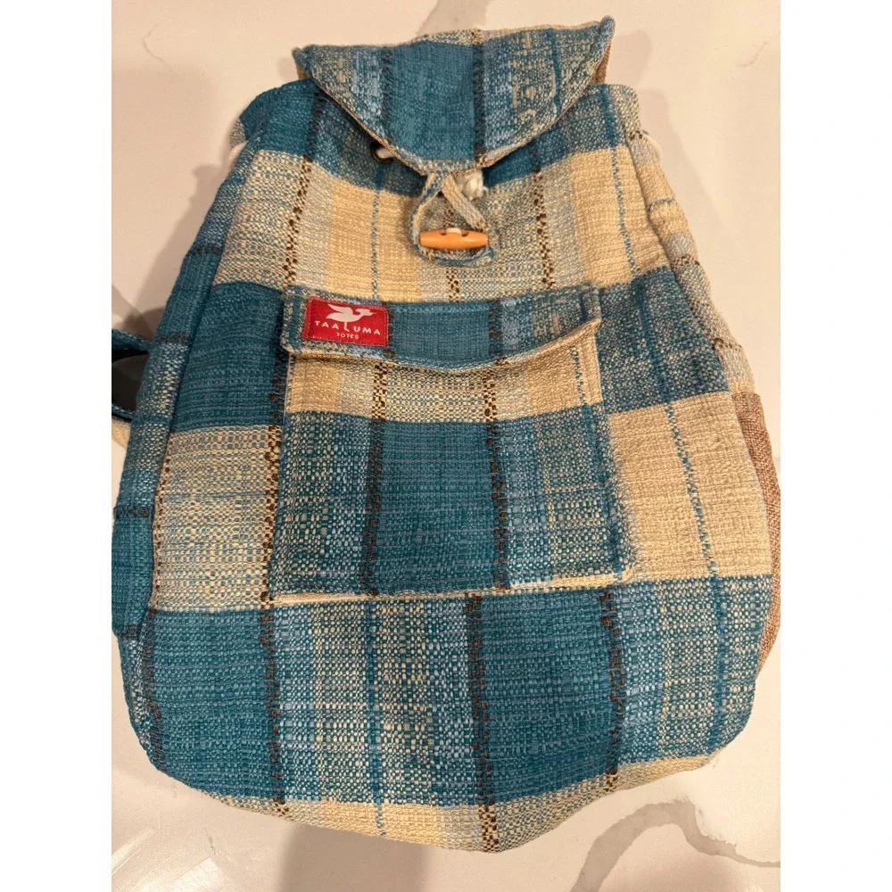 Taaluma Totes Traveler Edition Woven‎ Plaid Backpack Blue Cream Rucksack Bag